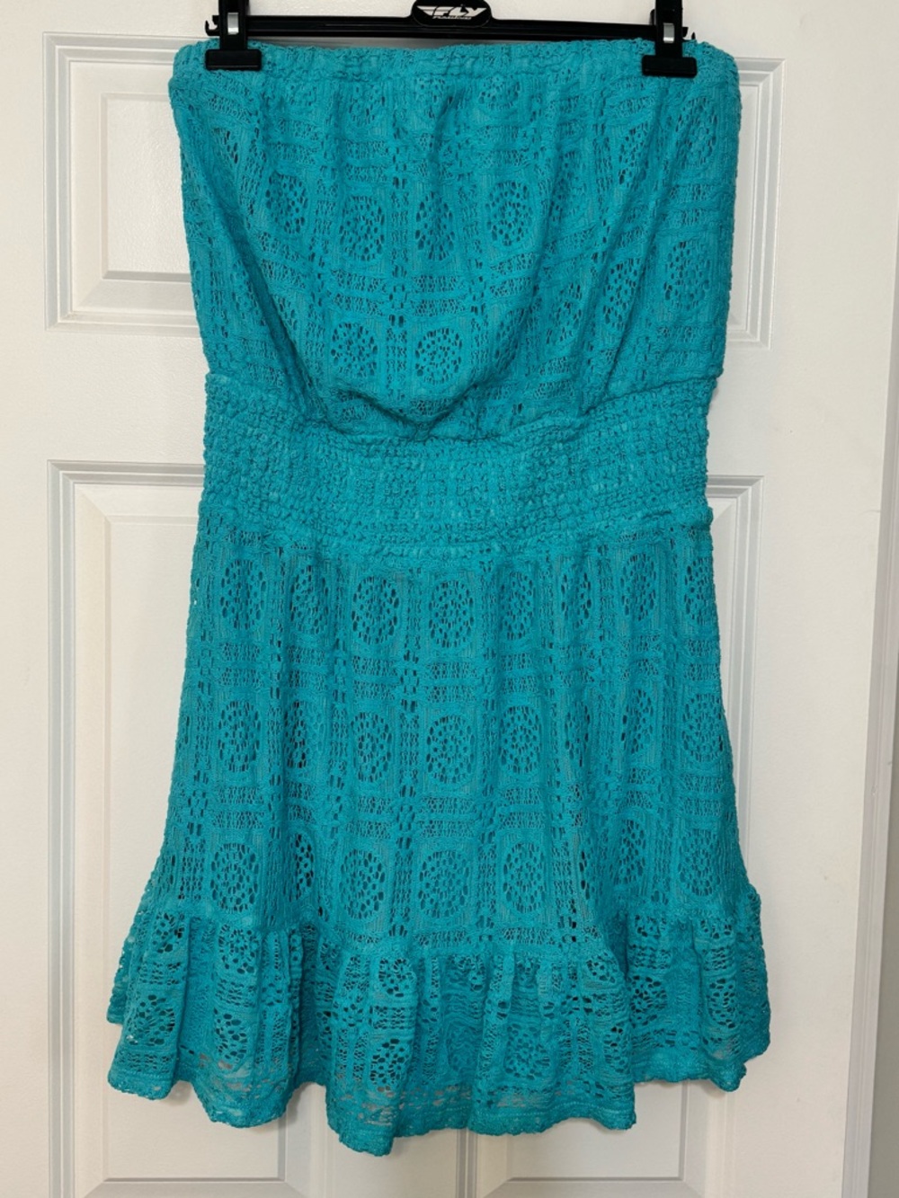 Venus Blue Teal Smocked Waist Ruffled Hem Strapless Crocheted Summer Sundress 1X